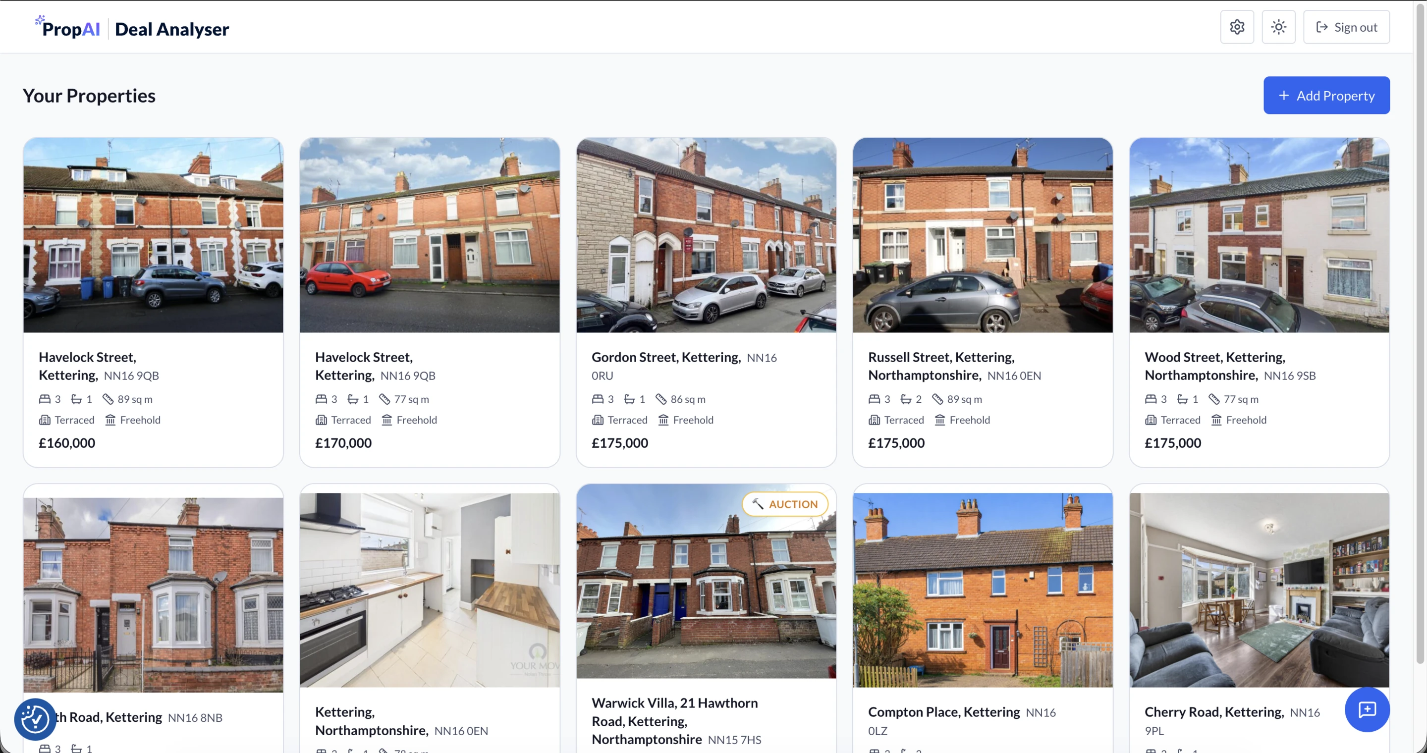 Properties grid — browse and manage your portfolio