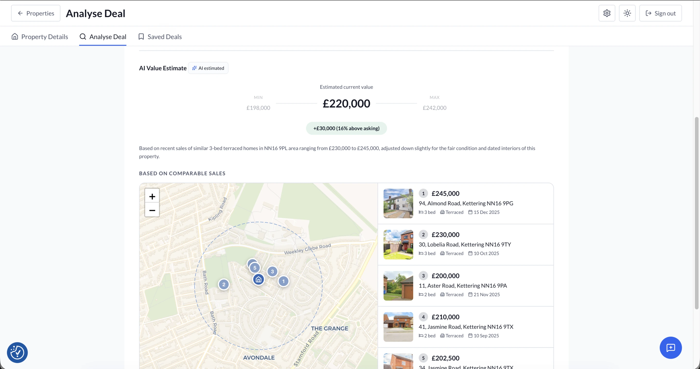 AI value estimate with comparable sales map