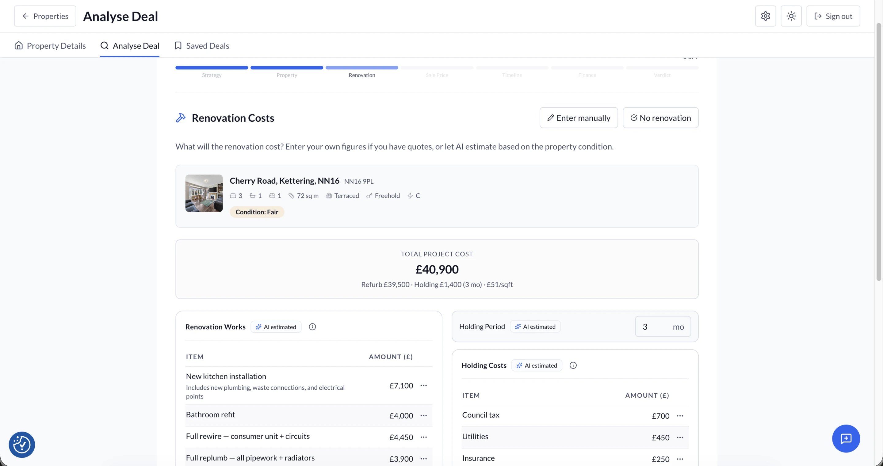 Renovation costs — AI-powered estimate breakdown