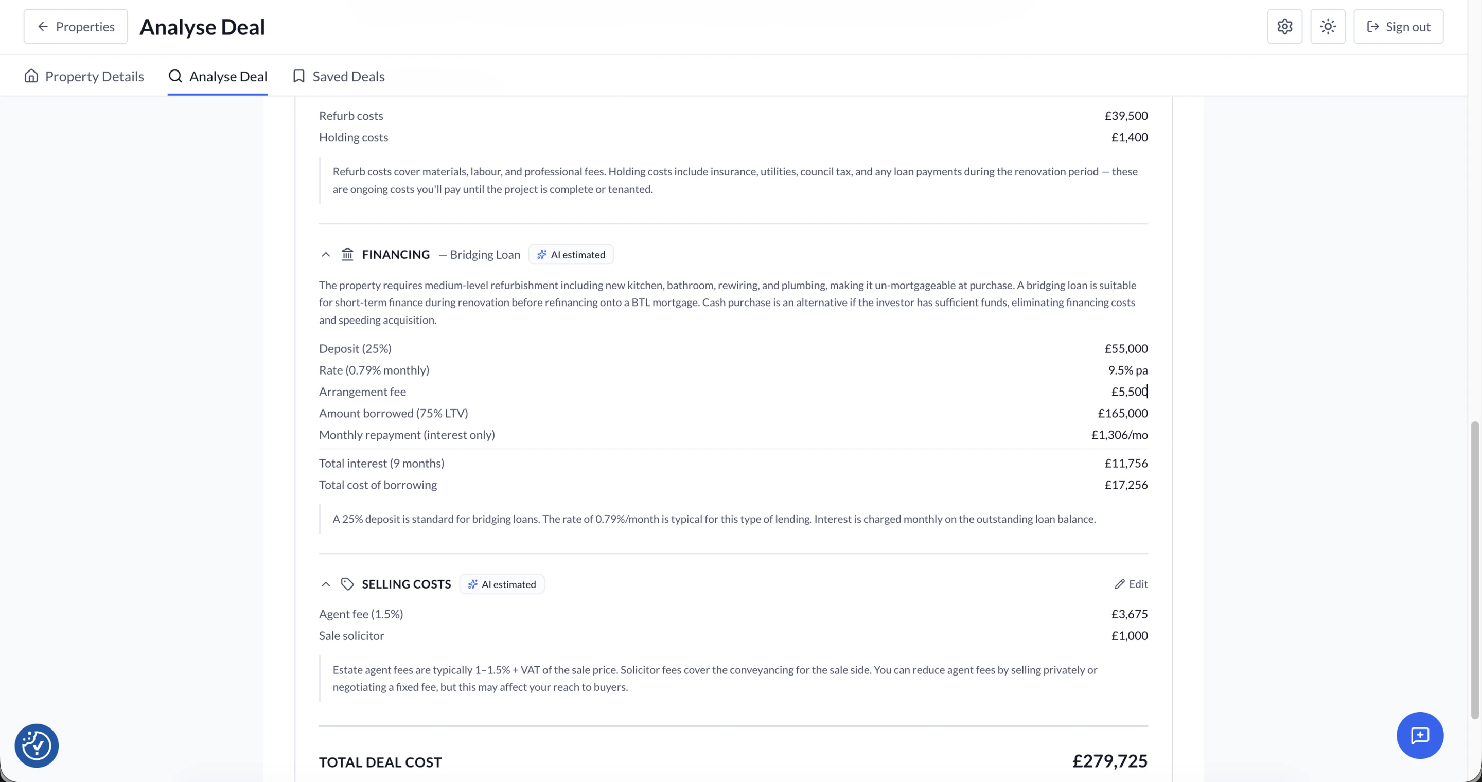 Deal costs — financing, holding, and selling
