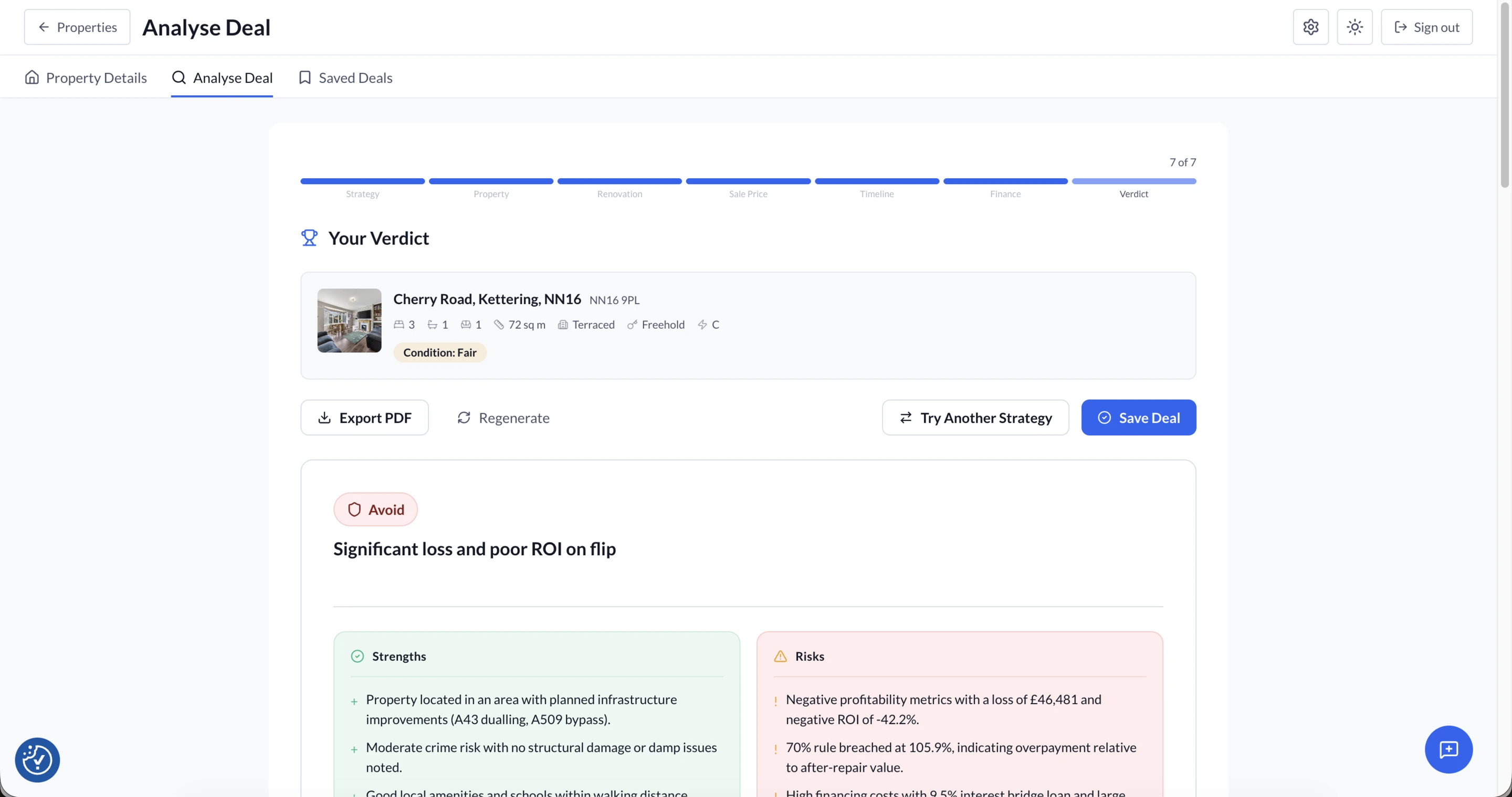 AI verdict — strengths, risks, and scorecard