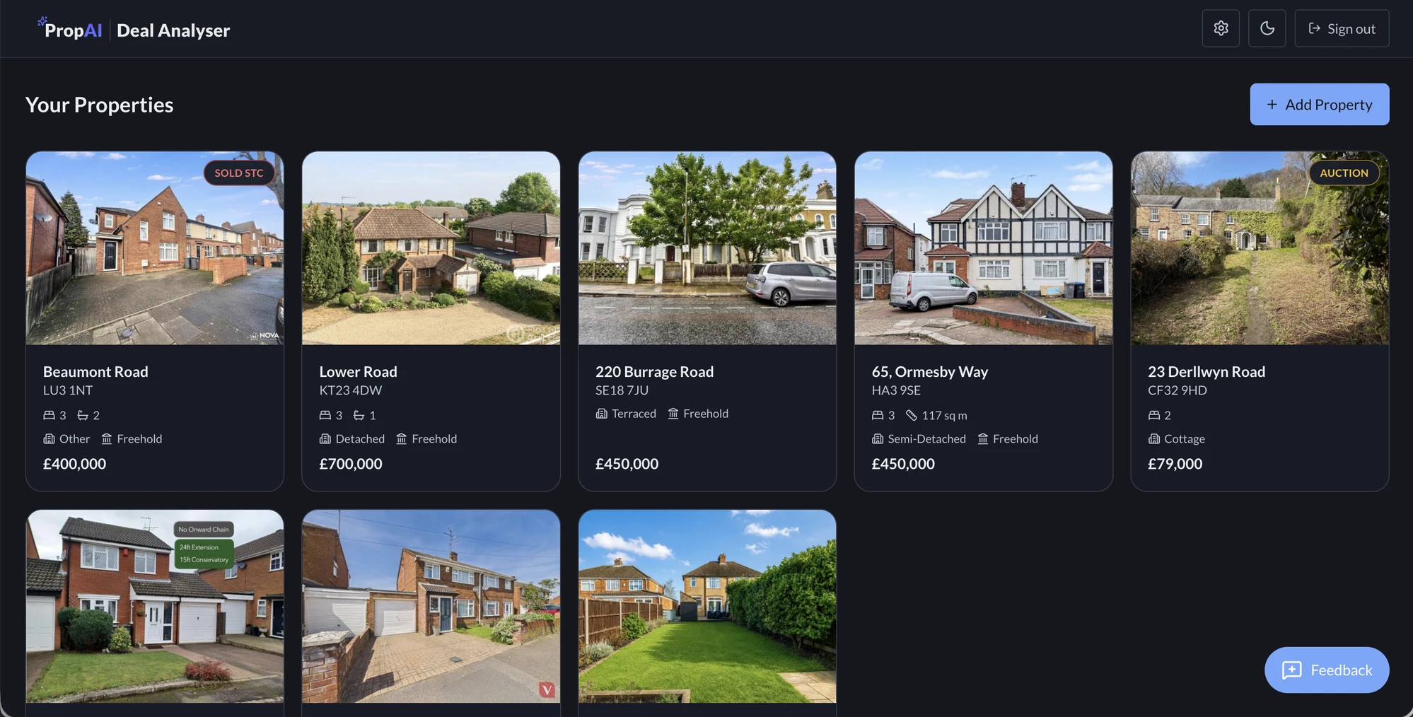 PropAI Deal Analyser — your properties dashboard