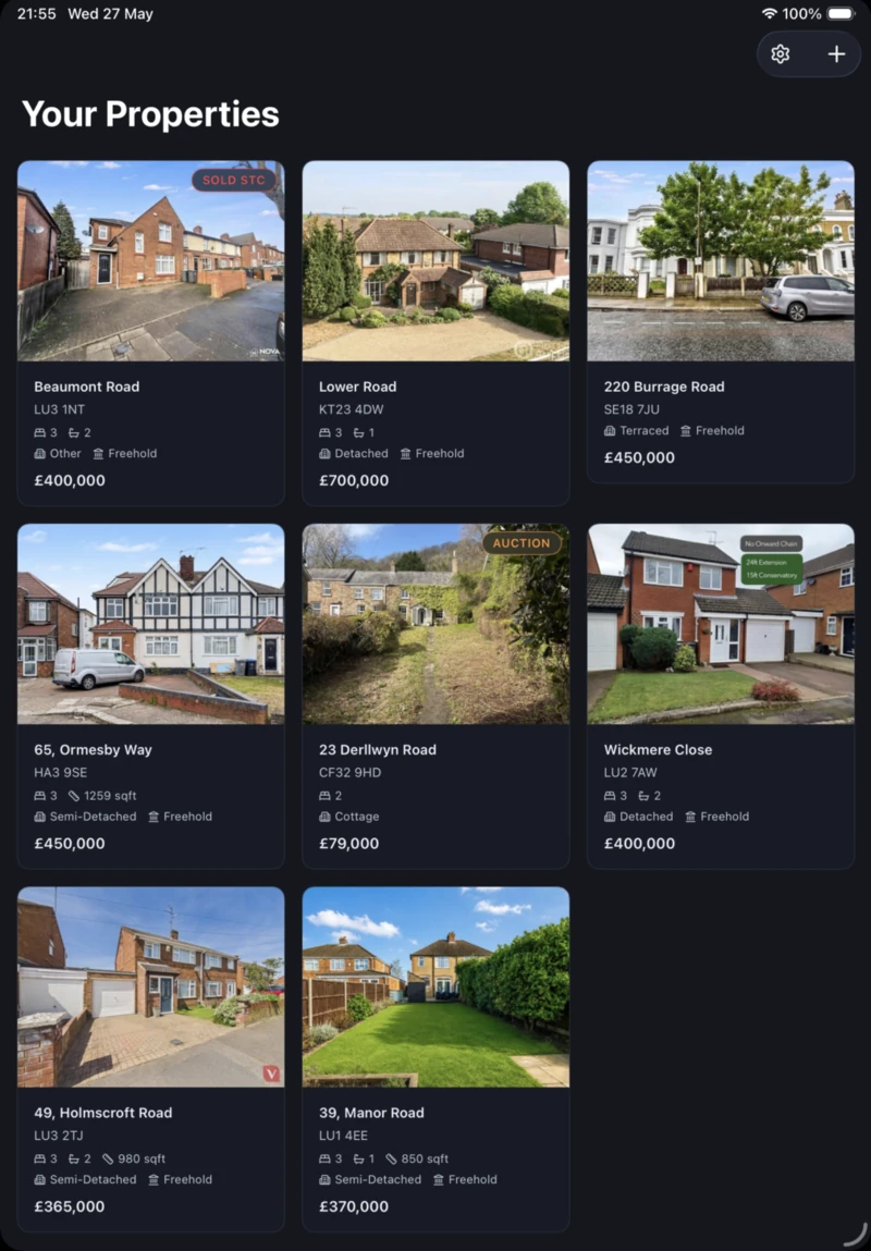PropAI iPad app showing your properties dashboard