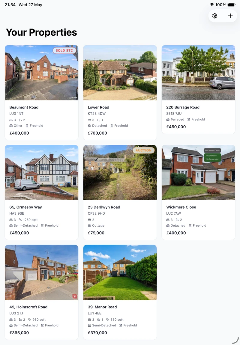 PropAI iPad app showing your properties dashboard