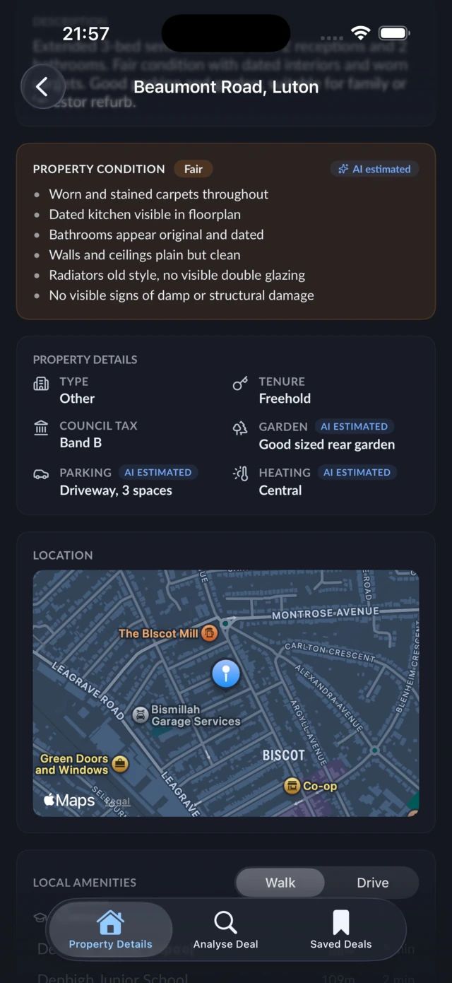 PropAI iPhone app showing property details