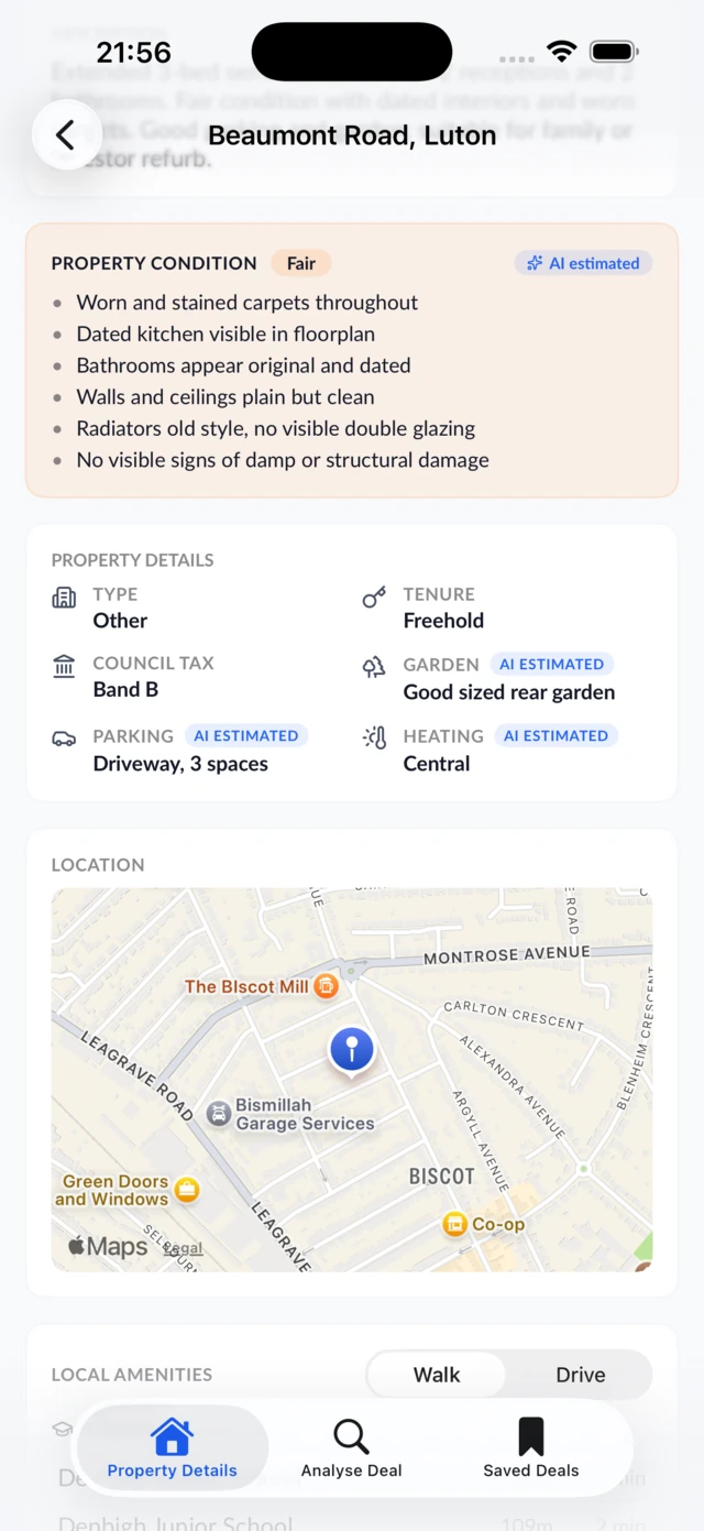 PropAI iPhone app showing property details