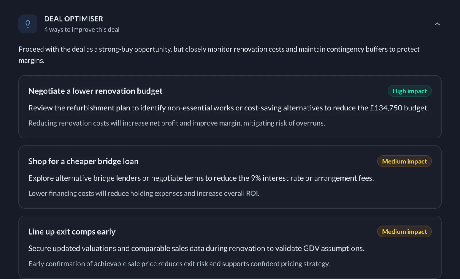 PropAI's deal optimiser — ranked, actionable ways to improve the deal