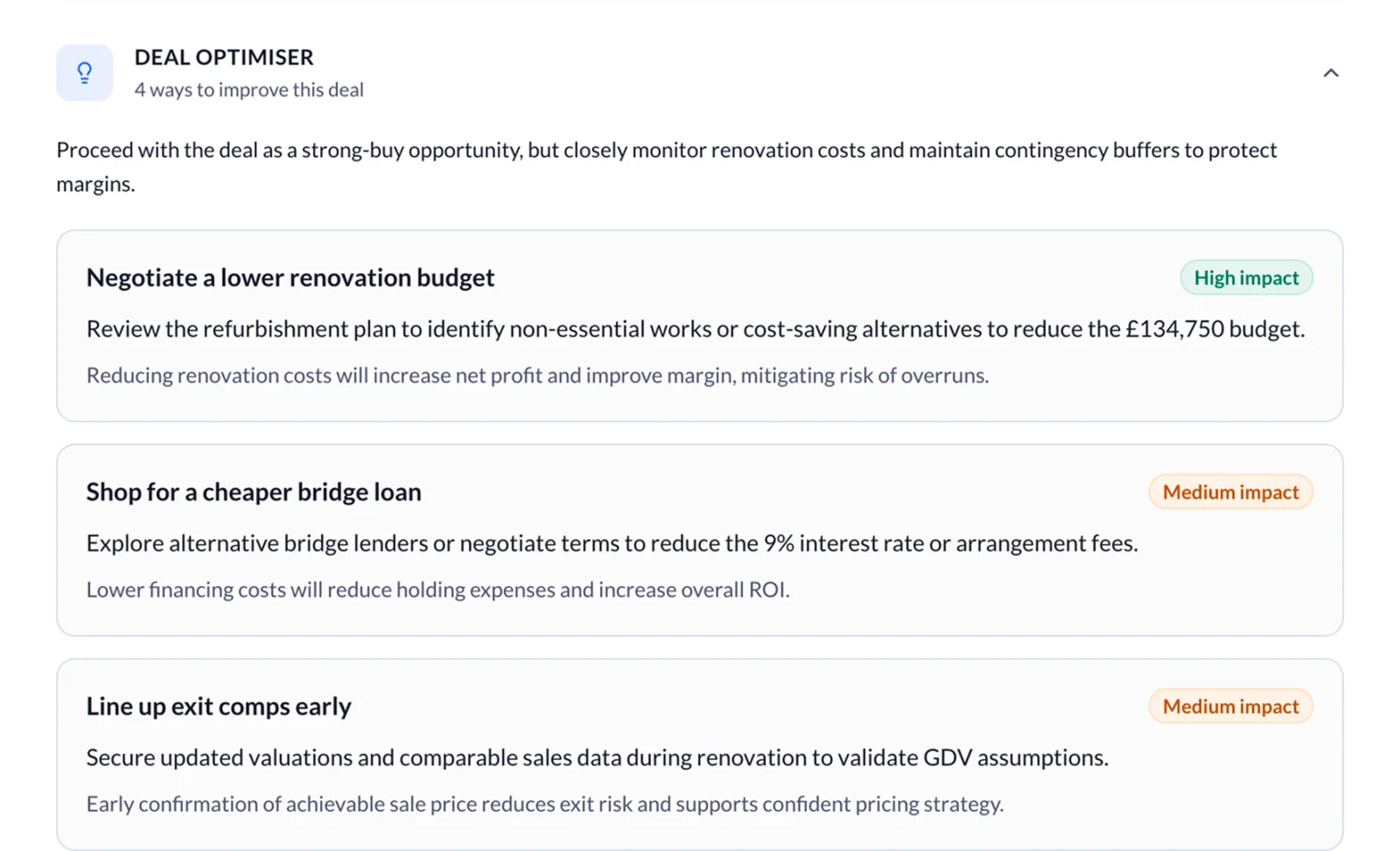 PropAI's deal optimiser — ranked, actionable ways to improve the deal